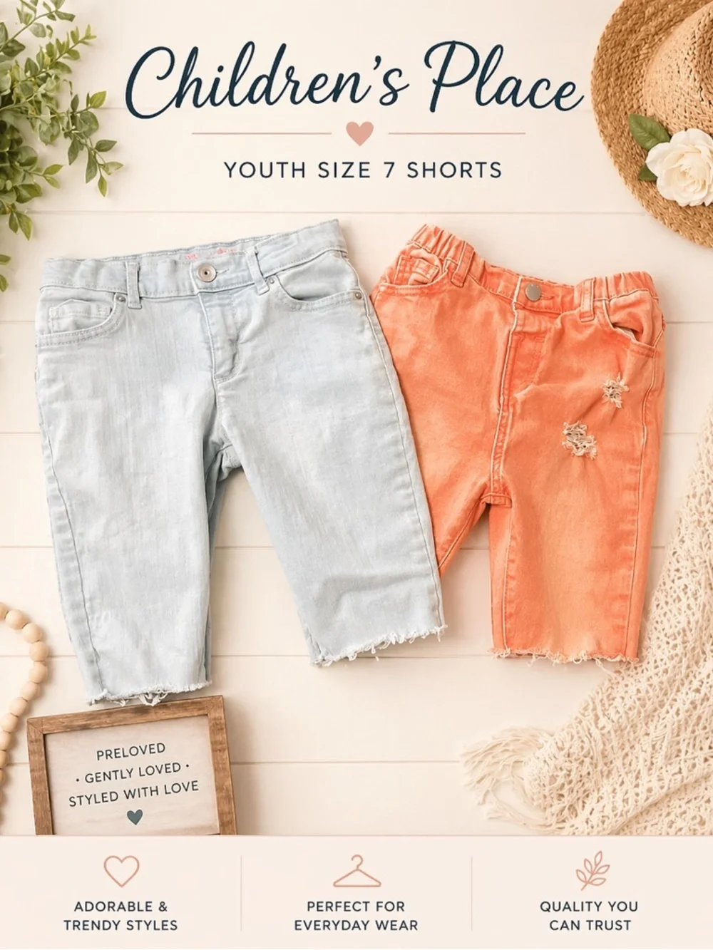 The Children's Place Light Blue & Coral Denim Shorts - Youth Size 7